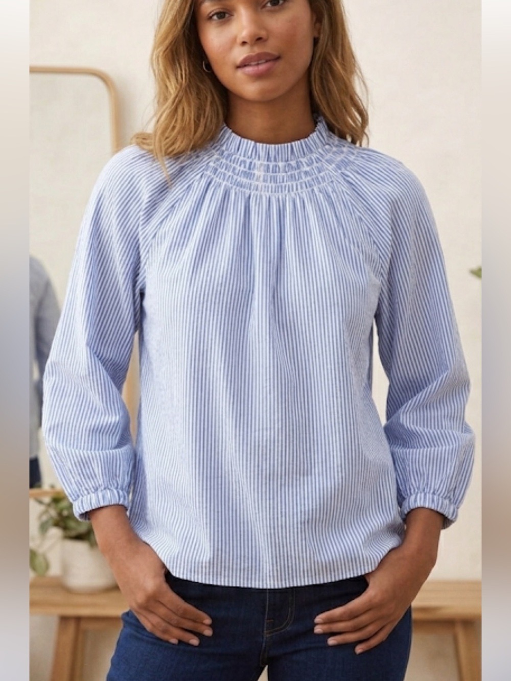 J.Crew Smocked-Neck Top preppy classic Cotton Sz Small